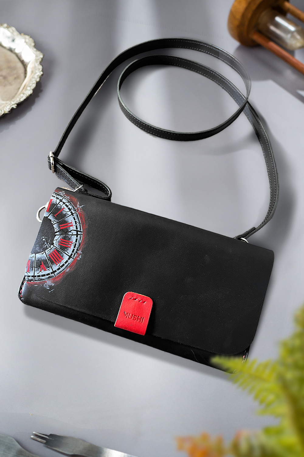 Black leather purse with handmade art for women by MUSHI