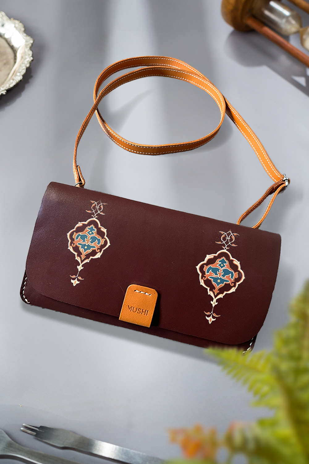 Luxury turkish Art Burgundy leather purse with handmade art for women by MUSHI