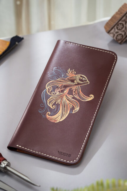 Burgundy long leather wallet with abstract fish art, hand-painted minimalist design
