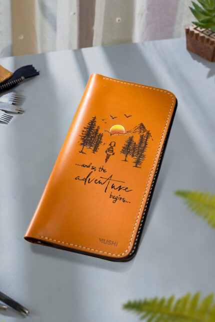 Adventure leather wallet with mountain artwork