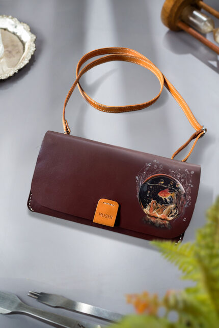 Ocean bubble fish art leather wallet gift for her