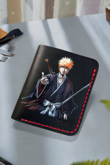 Bleach Ichigo wallet featuring orange hair and sword artwork on genuine leather