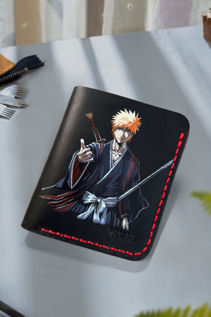 Bleach Ichigo wallet featuring orange hair and sword artwork on genuine leather