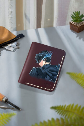 Anime wallet for Solo Leveling fans featuring Sung Jin-Woo artwork on genuine leather