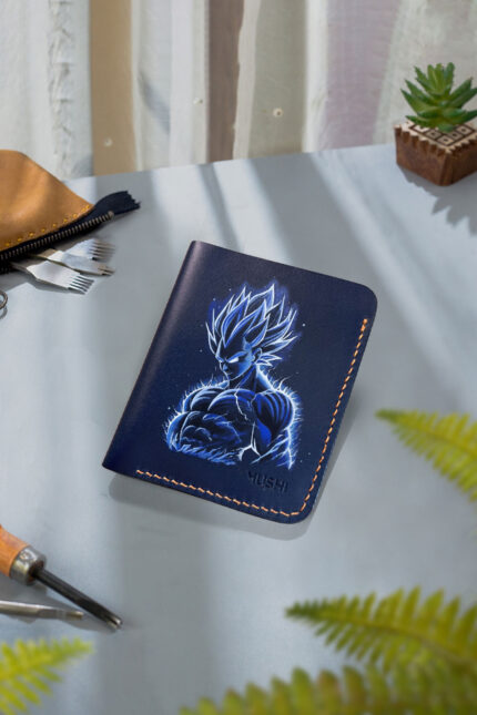Hand-painted Vegeta leather wallet – Dragon Ball Z anime collectible by MUSHI